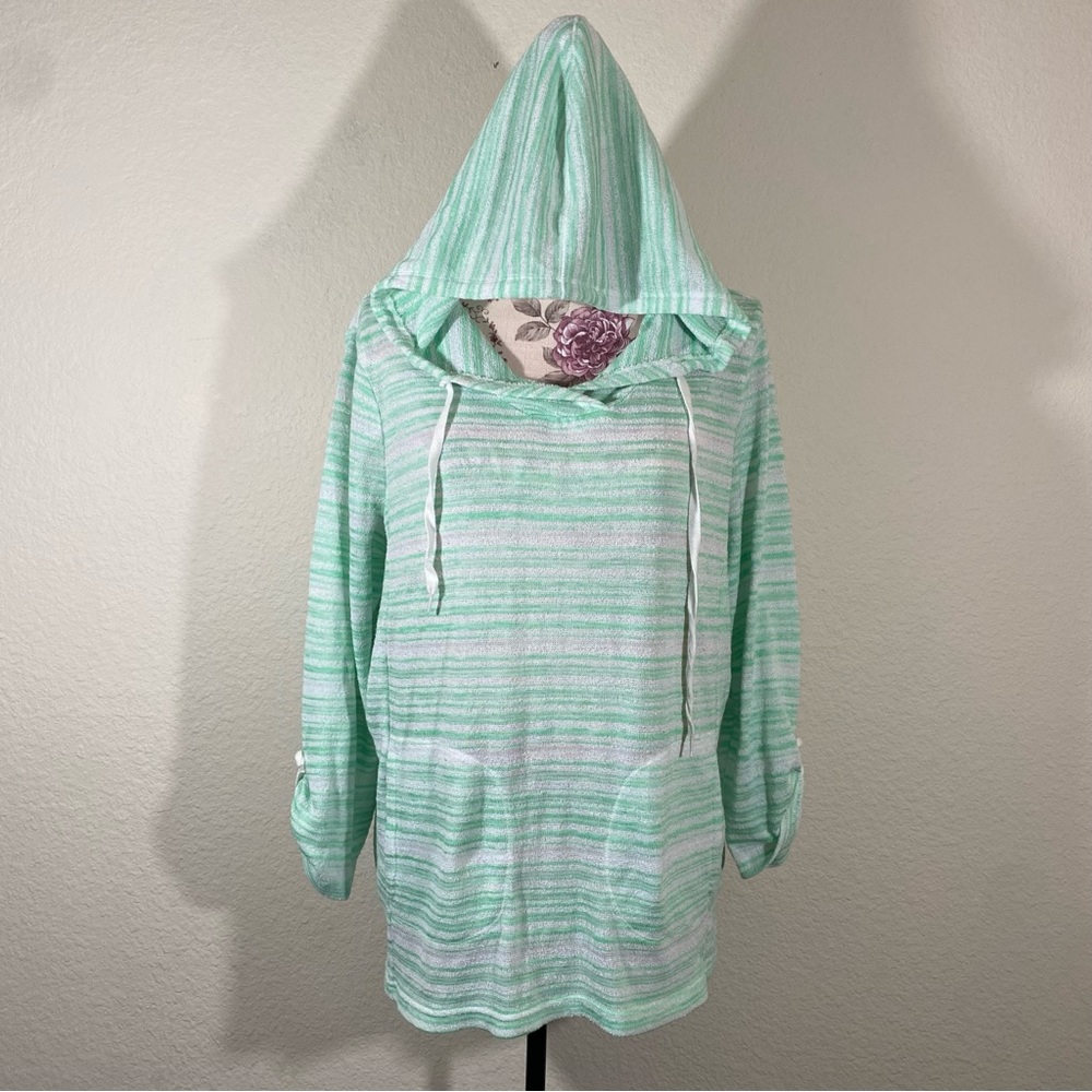 GVS sz:L Mint & White Striped Semi-Sheer Thin Hoodie Top